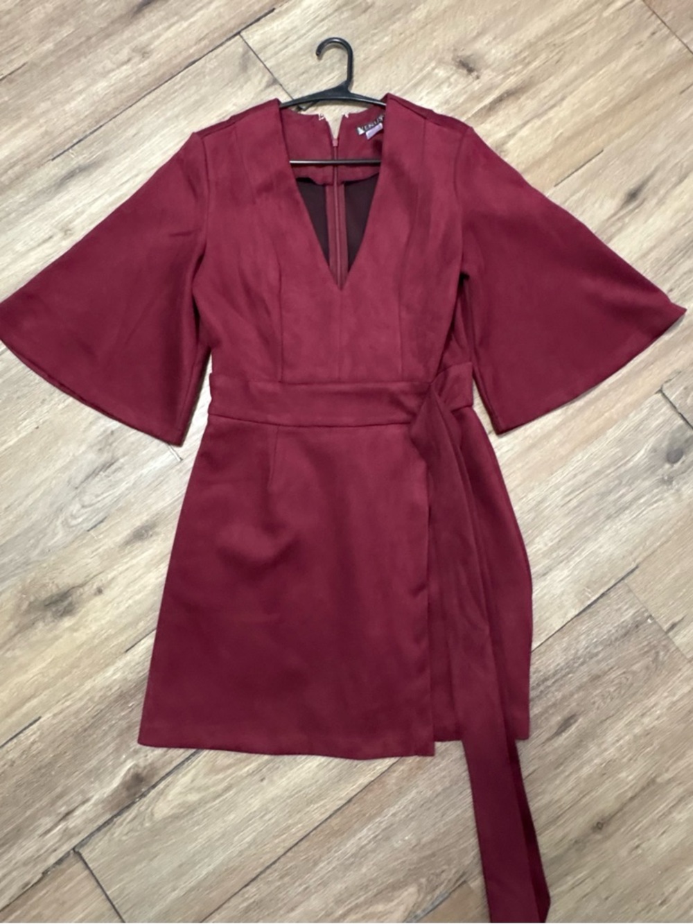 VENUS Burgundy V-Neck Wrap Suede Mini Dress
